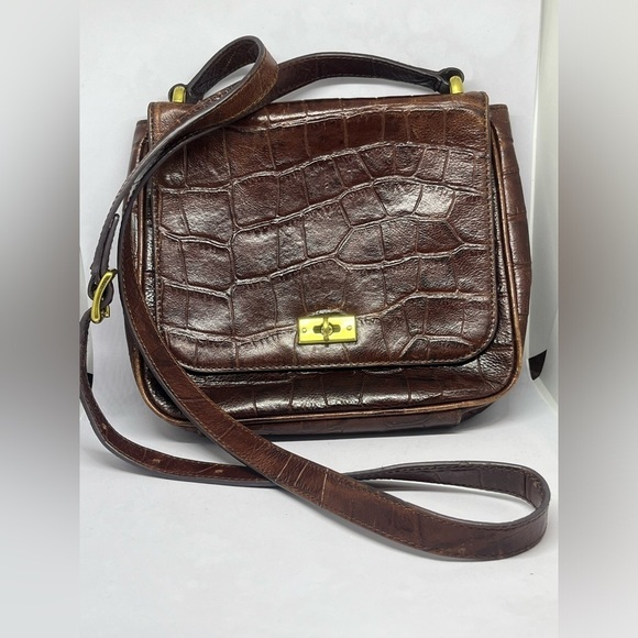 Fossil Handbags - FOSSIL MEMOIR SMALL FLAP Brown Croc-Embossed Leather CROSSBODY  BAG.